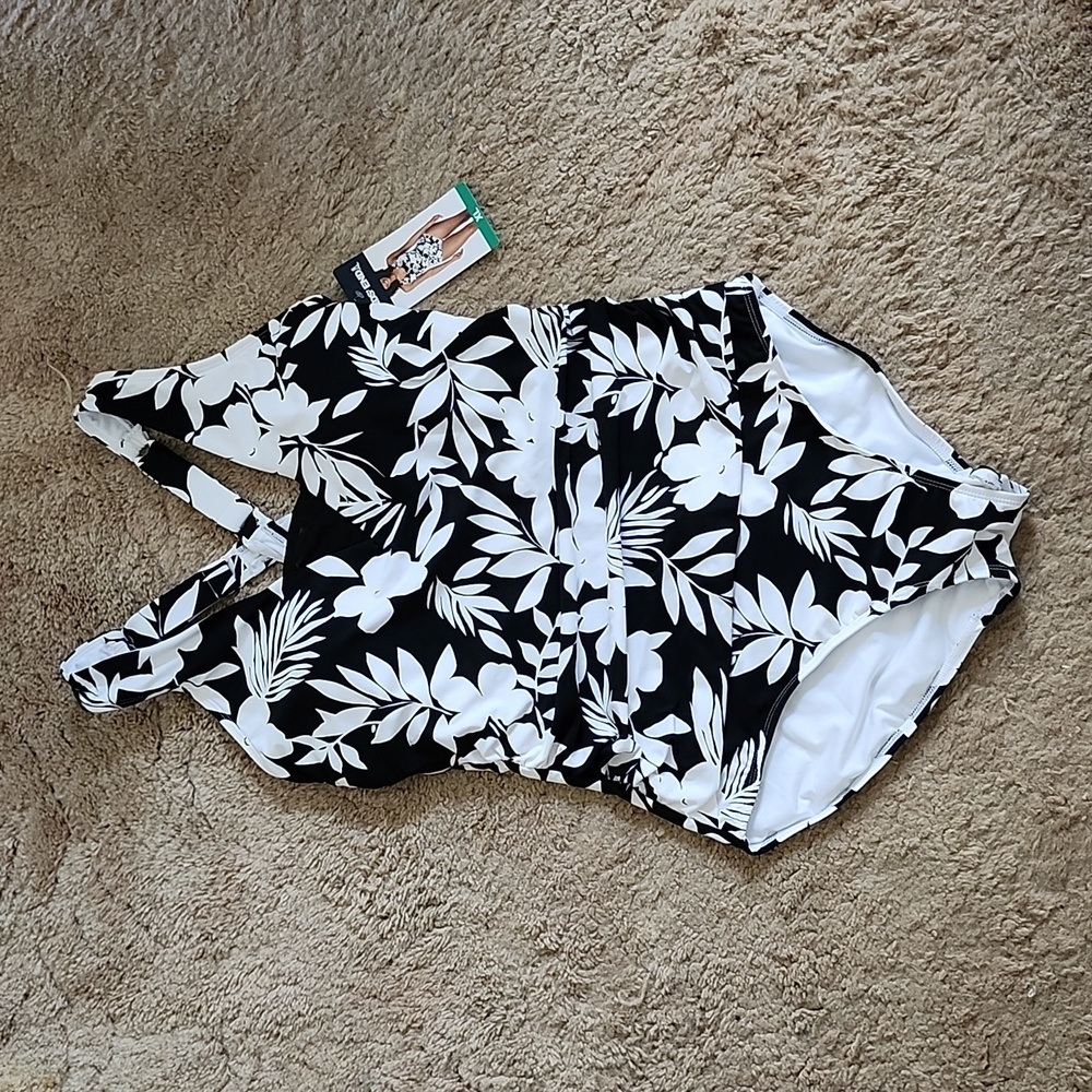 Lands End Plunge floral one-piece swimsuit women's XL ruched waist